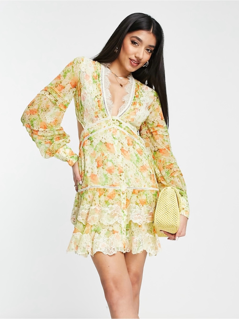 ASOS DESIGN Prairie Floral Chiffon Mini Dress w/ Lace Trim and Open Back US 12